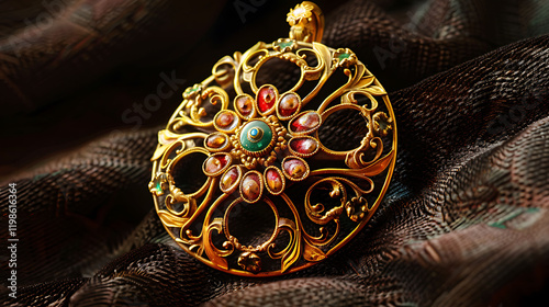 An intricate gold brooch with enamel detailing is featured against a rich dark backdrop photo