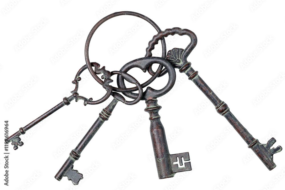 bunch of antique keys isolated on white background bunch of antique keys isolated on white background