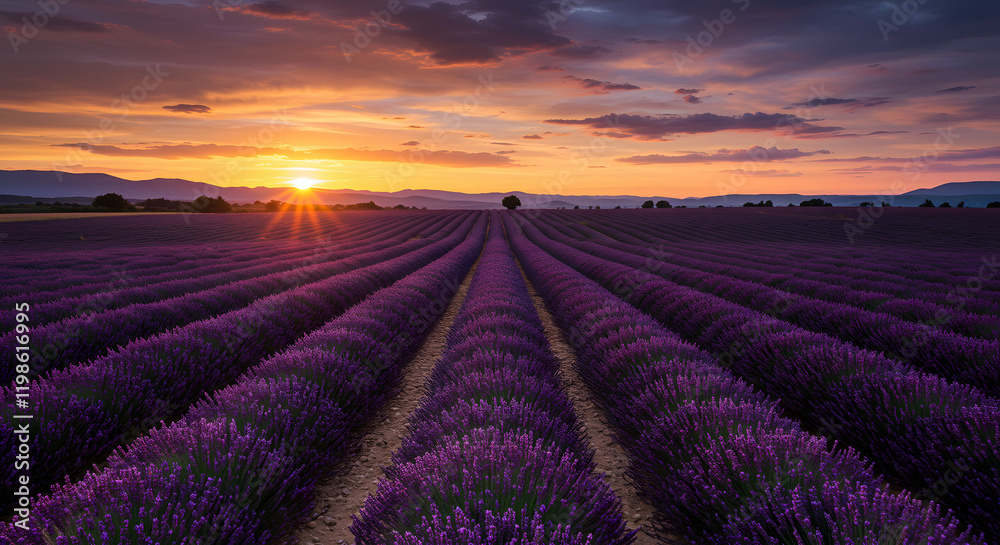 An expansive view of a lavender field in France during sunset. The vibrant violet blooms of Provence, particularly in Valensole, are illuminated by the fading light of summer. A stunning natural scen An expansive view of a lavender field in France during sunset. The vibrant violet blooms of Provence, particularly in Valensole, are illuminated by the fading light of summer. A stunning natural scen