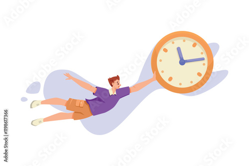 Man and Time Management Flying Hold Clock Dial Vector Illustration