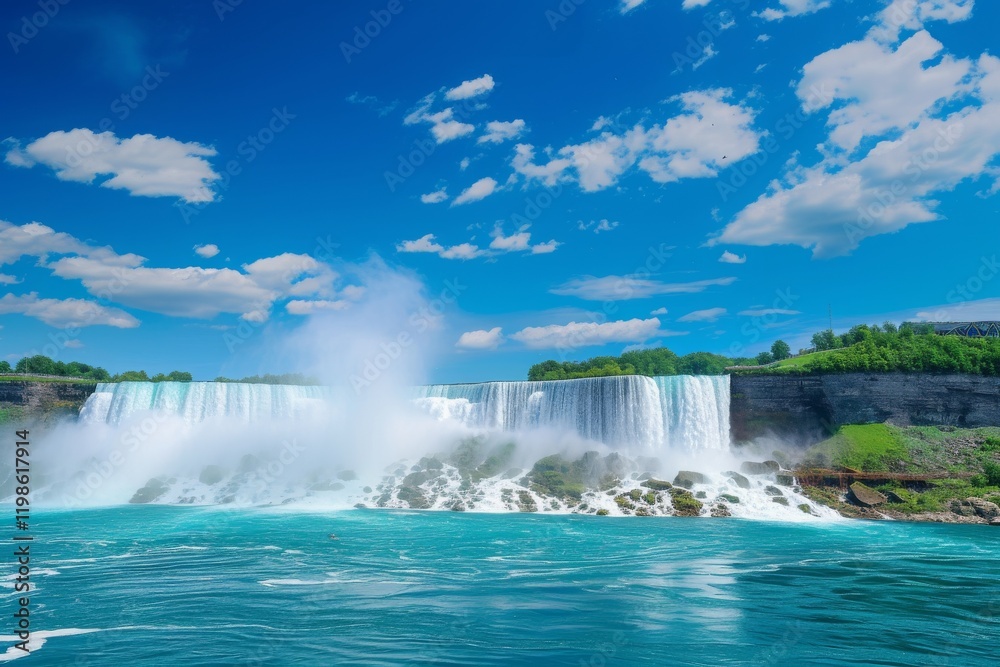 Fototapeta premium Panoramic view of Niagara Falls in summer showcasing the powerful waterfalls and vibrant blue waters in Ontario, Canada, under a clear sky filled with fluffy clouds