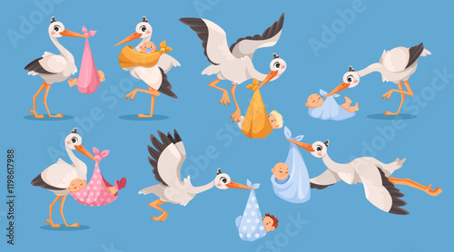 Stork Carry Baby in Wrap with Beak Vector Set