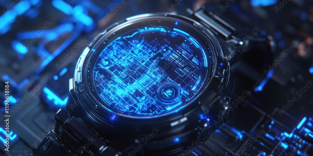 Futuristic Smartwatch, Circuit Background, Digital Display, Tech Concept Futuristic Smartwatch, Circuit Background, Digital Display, Tech Concept