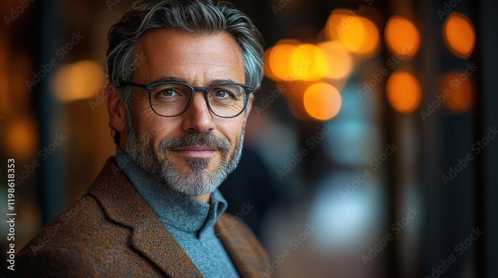Obraz premium Confident man portrait, city cafe, bokeh background, professional headshot