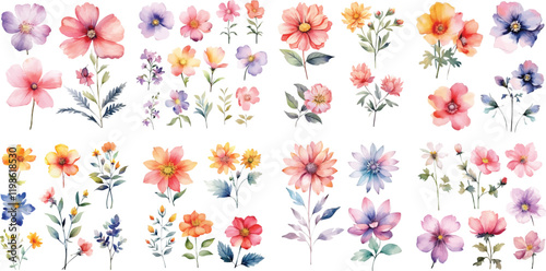 A Big watercolor floral package collection. Use by fabric, fashion, wedding invitation, template, poster, romance, greeting, spring, bouquet, pattern, decoration and textile.	