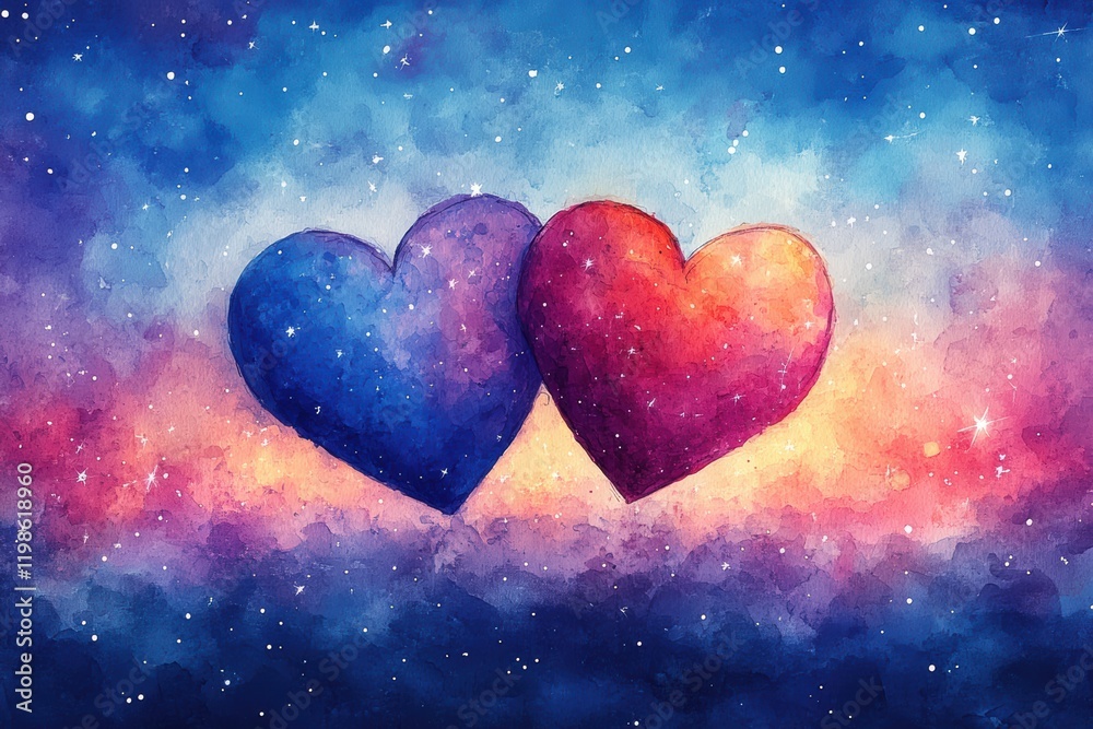 Fototapeta premium Romantic Watercolor Hearts Over Starry Background for Love Themes