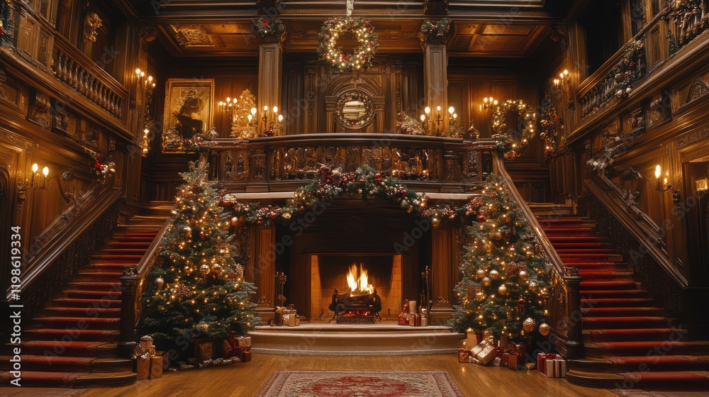 Obraz premium Grand Manor Christmas Fireplace Hallway Staircase Decor