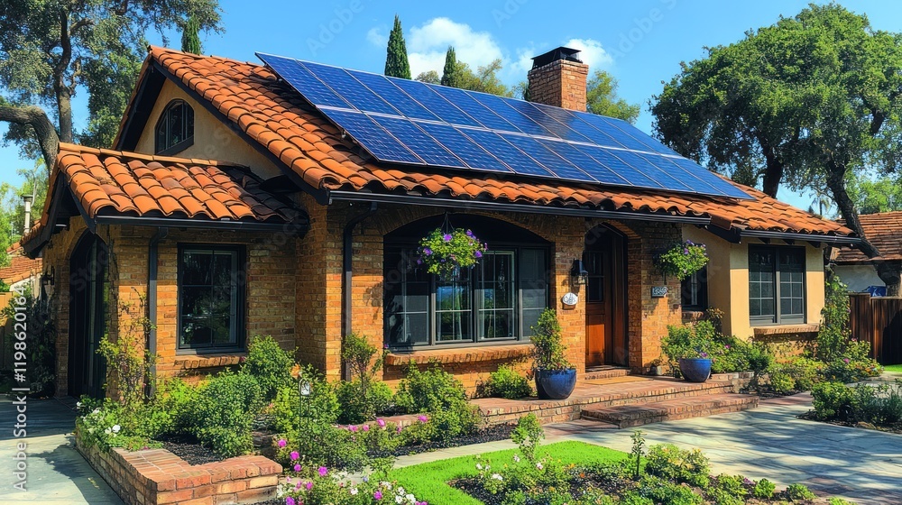 Suburban home solar panel installation, sunny day, landscaping Suburban home solar panel installation, sunny day, landscaping