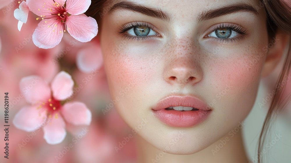 Freckled teen, spring blossoms, outdoor portrait, beauty ad Freckled teen, spring blossoms, outdoor portrait, beauty ad