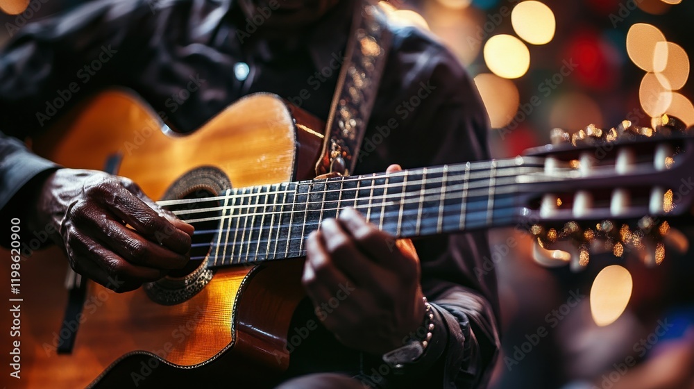 Obraz premium Musician playing guitar with blurred audience