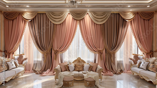 A lavish living room adorned with opulent pastel pink curtains 