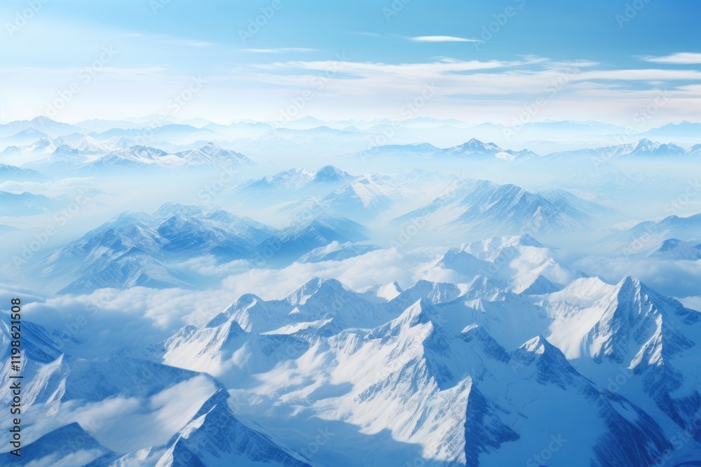 Obraz premium Aerial view of a majestic snow-covered mountain range under a clear blue sky, showcasing the beauty of nature in wintertime at high altitudes
