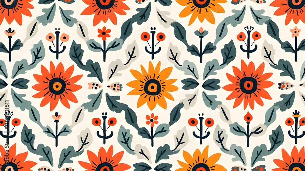 Bohemian-Inspired Seamless Pattern Featuring Geometric Shapes and Floral Designs Bohemian-Inspired Seamless Pattern Featuring Geometric Shapes and Floral Designs