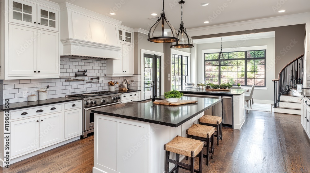 Fototapeta premium Modern kitchen island, hardwood floors, open plan, sunlit, home interior design