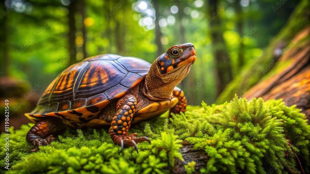 Box Turtle on Log, Green Nature Background - Long Exposure Photography Box Turtle on Log, Green Nature Background - Long Exposure Photography