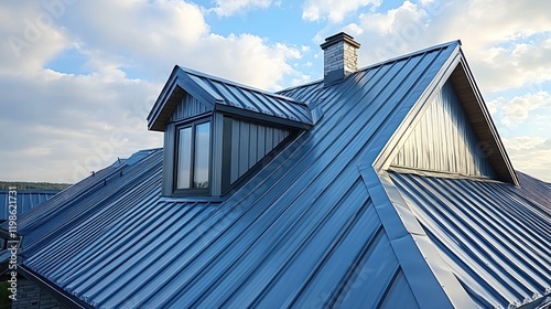 Modern metal roof, dormer window, suburban landscape photo