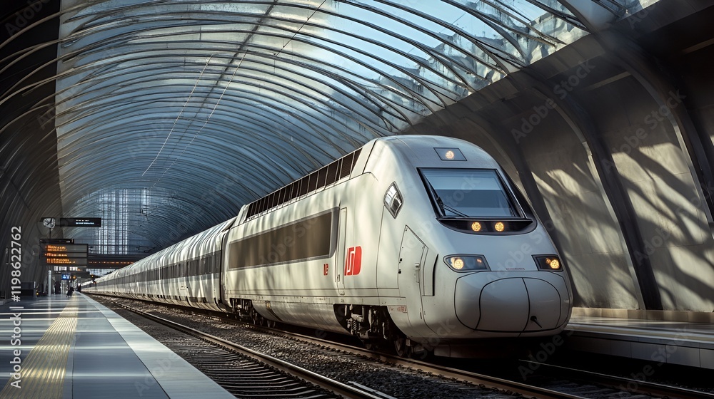 Naklejka premium High-Speed Train Rushing Through a Modern Station