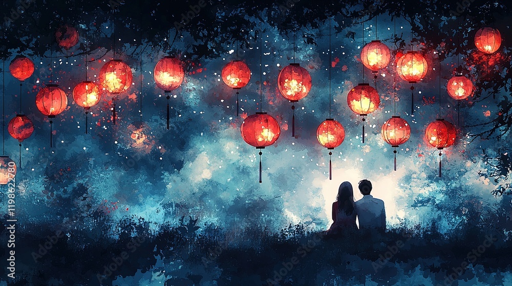 Obraz premium A romantic scene with a couple under glowing lanterns in a dreamy, colorful landscape.