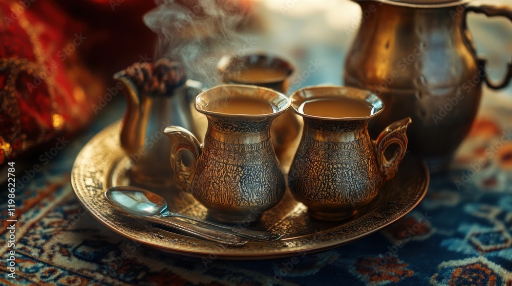 Aromatic Golden Tea Cups on an Ornate Tray Aromatic Golden Tea Cups on an Ornate Tray