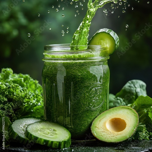 Green smoothie pouring, healthy ingredients, dark background, food blog use photo