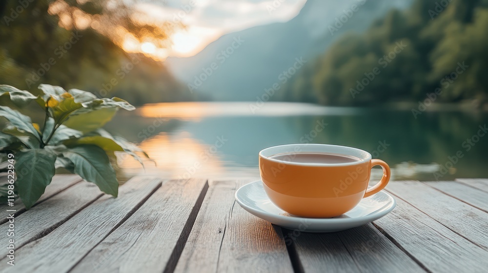 Sunrise lake view, orange teacup, wooden dock, tranquil scene Sunrise lake view, orange teacup, wooden dock, tranquil scene