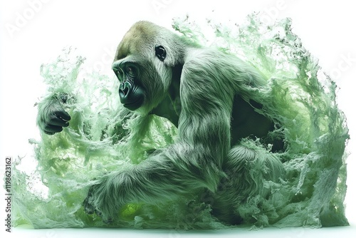 Gorilla submerged, green wave, artistic. photo