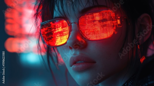 Cyberpunk Woman City Night Reflection AR Glasses photo