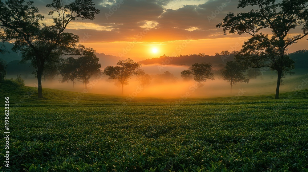 Sunrise over misty tea plantation valley Sunrise over misty tea plantation valley