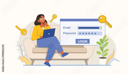 A detailed illustration featuring a login screen, strong password keys, and a lock icon, promoting digital safety and secure online access.