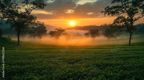 Sunrise over misty tea plantation valley