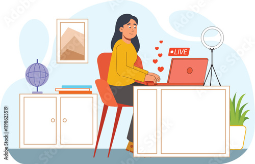 An illustration of a content creator live streaming with a laptop, complete with a backdrop of professional equipment and an engaged online audience, highlighting creativity in digital spaces.