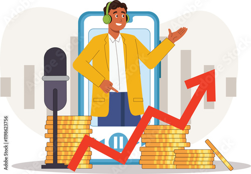 A unique portrayal of a podcasting journey, featuring a speaker, a rising growth chart, and coins, emphasizing monetary success and audience expansion in the podcasting world.