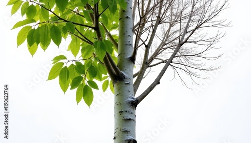 Half Dead Tree Spring Growth vs Winter Branches Nature Contrast Seasonal Change Tree Trunk Vivid