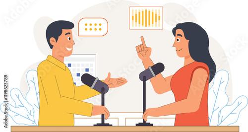 A dynamic illustration of two people engaged in a podcast conversation, with microphones and a vibrant background, representing collaboration and dialogue.