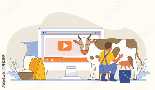 A modern farming concept featuring robotic cow milking machines, alongside a video tutorial playing in the background, showcasing the integration of technology in agriculture.