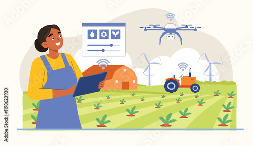 An innovative depiction of smart farming, with drones monitoring fields and an autonomous tractor working seamlessly, promoting sustainable and efficient agricultural practices.