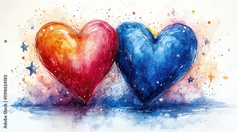 Fototapeta premium Colorful Hearts with Stars in a Whimsical Watercolor Style
