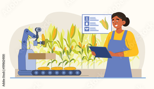 An advanced farming illustration featuring a robotic harvester collecting corn, demonstrating precision agriculture and modern harvesting methods.