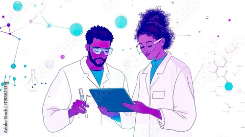 Two medical professionals are shown examining data on a tablet, presented with an abstract design, showcasing a collaborative, innovative, and modern medical environment