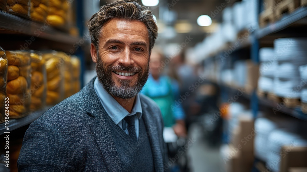 Smiling warehouse manager amidst inventory Smiling warehouse manager amidst inventory