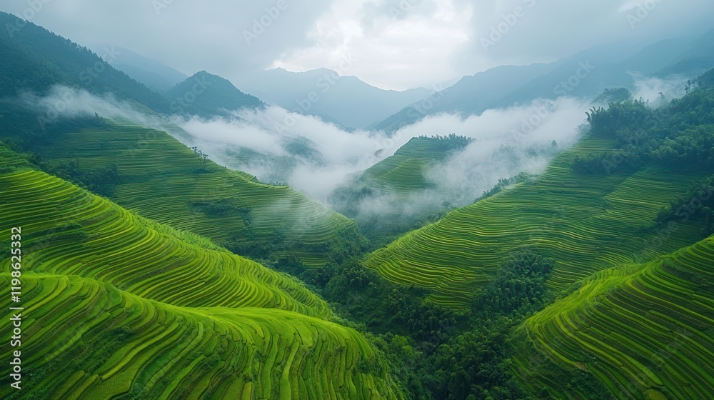 Fototapeta premium Misty mountain rice terraces aerial view, China
