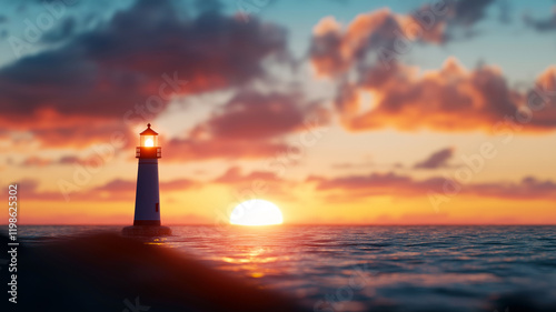 A solitary lighthouse standing amidst calm waters, illuminated by the radiant colors of the setting sun.