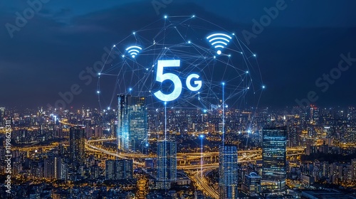 Night city 5G network connection,  data transfer, urban landscape, technological future