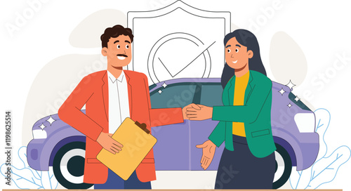 Simplify insurance processes with this detailed illustration showing two individuals signing a car insurance agreement, emphasizing trust and customer care.