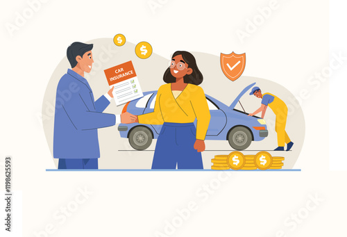 Ensure peace of mind with this illustration showcasing comprehensive car insurance protection, with a mechanic providing expert assistance to the insured vehicle owner.