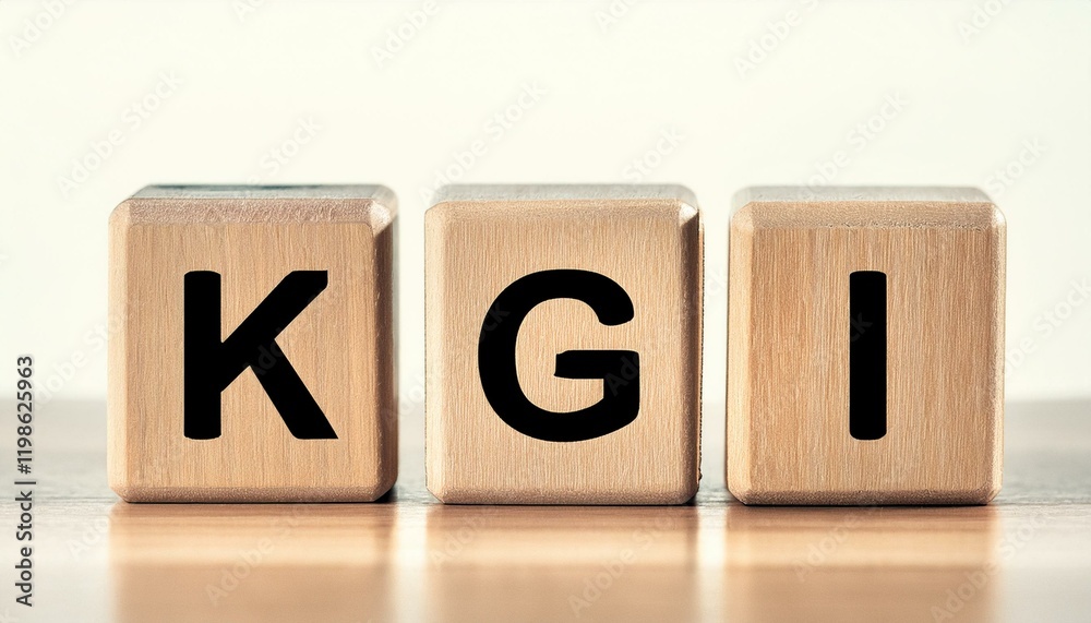 Key Goal Indicator(重要目標達成指標)を略した言葉、KGIの文字が書かれたキューブブロックが横に並んでいる。aiで生成 Key Goal Indicator(重要目標達成指標)を略した言葉、KGIの文字が書かれたキューブブロックが横に並んでいる。aiで生成