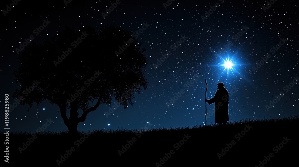 Fototapeta premium A silhouetted figure stands under a starry sky, gazing at a bright star near a tree.