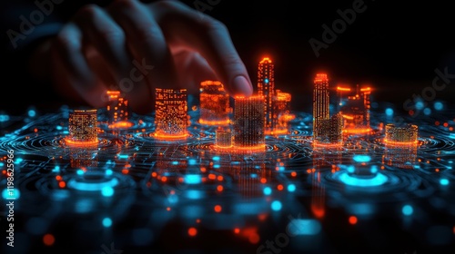 Hand touching futuristic city digital model