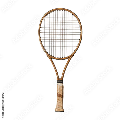 A vintage wooden tennis racket on a white isolated background.