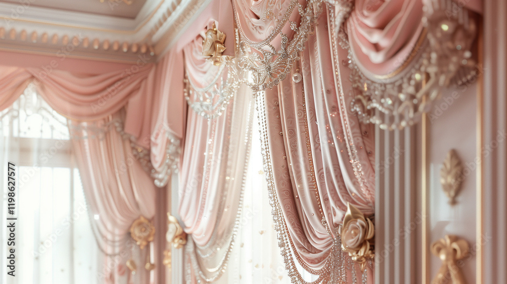 A hyper realistic luxurious curtain scene with blush pink A hyper realistic luxurious curtain scene with blush pink